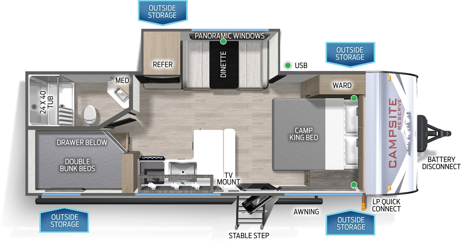 The Campsite Ultra 21DF floorplan has one entry and one slide out. Exterior features include: fiberglass exterior. Interiors features include: bunk beds and front bedroom.
